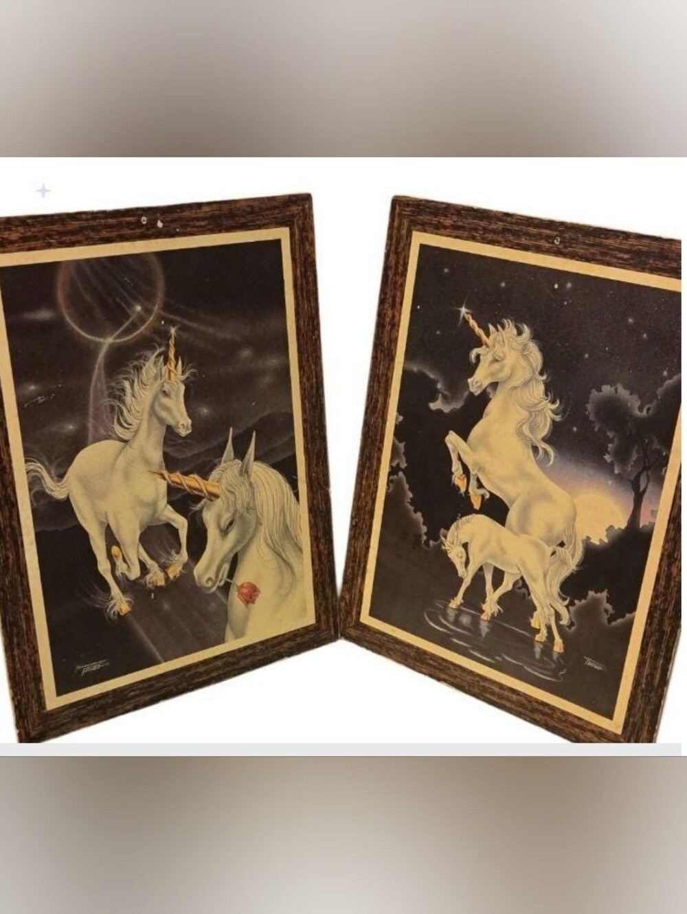 Vtg Pair of Cork Wood White Unicorn Art